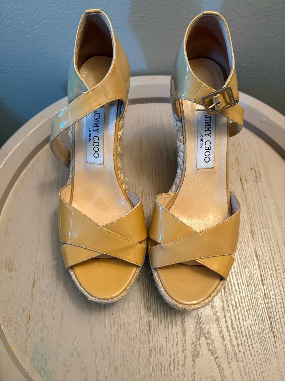 Jimmy Choo Yellow Patent Espadrille Wedge Sandals with Ankle Buckle